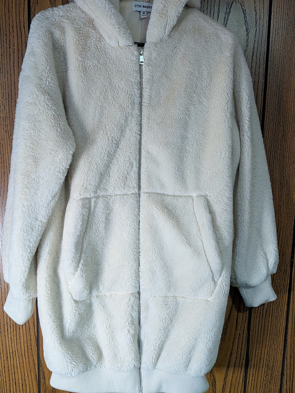 Steve Madden Women's Medium Cream Faux-Sherpa Zip Hoodie Coat